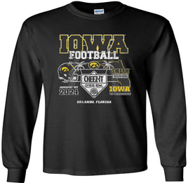 Our Iowa Hawkeye football team will be taking on the Tennessee Volunteers in the 2024 Citrus Bowl! The Citrus Bowl will be played on January 1st in Orlando Florida. This Citrus Bowl design will be printed on a pre-shrunk, 100% cotton black t-shirt with white, black and gold ink. All of our Iowa Hawkeye designs are Officially Licensed and approved by the University of Iowa.