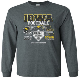 Our Iowa Hawkeye football team will be taking on the Tennessee Volunteers in the 2024 Citrus Bowl! The Citrus Bowl will be played on January 1st in Orlando Florida. This Citrus Bowl design will be printed on a pre-shrunk, 50/50 cotton/poly dark gray t-shirt with white, black and gold ink. All of our Iowa Hawkeye designs are Officially Licensed and approved by the University of Iowa.