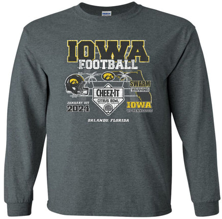 Our Iowa Hawkeye football team will be taking on the Tennessee Volunteers in the 2024 Citrus Bowl! The Citrus Bowl will be played on January 1st in Orlando Florida. This Citrus Bowl design will be printed on a pre-shrunk, 50/50 cotton/poly dark gray t-shirt with white, black and gold ink. All of our Iowa Hawkeye designs are Officially Licensed and approved by the University of Iowa.