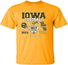 Our Iowa Hawkeye football team will be taking on the Tennessee Volunteers in the 2024 Citrus Bowl! The Citrus Bowl will be played on January 1st in Orlando Florida. This Citrus Bowl design will be printed on a pre-shrunk, 100% cotton gold t-shirt with white, black and gold ink. All of our Iowa Hawkeye designs are Officially Licensed and approved by the University of Iowa.
