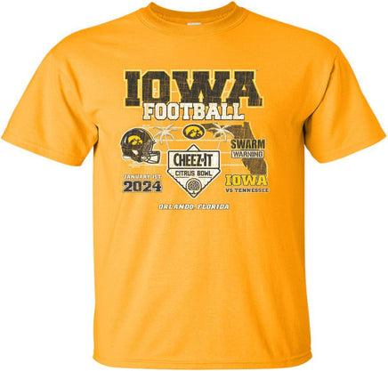 Our Iowa Hawkeye football team will be taking on the Tennessee Volunteers in the 2024 Citrus Bowl! The Citrus Bowl will be played on January 1st in Orlando Florida. This Citrus Bowl design will be printed on a pre-shrunk, 100% cotton gold t-shirt with white, black and gold ink. All of our Iowa Hawkeye designs are Officially Licensed and approved by the University of Iowa.