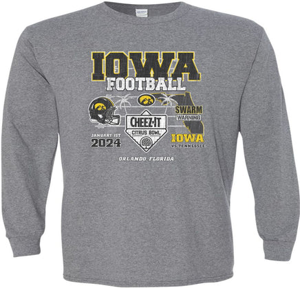 Our Iowa Hawkeye football team will be taking on the Tennessee Volunteers in the 2024 Citrus Bowl! The Citrus Bowl will be played on January 1st in Orlando Florida. This Citrus Bowl design will be printed on a pre-shrunk, 50/50 cotton/poly medium gray t-shirt with white, black and gold ink. All of our Iowa Hawkeye designs are Officially Licensed and approved by the University of Iowa.