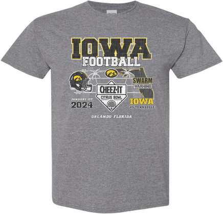 Our Iowa Hawkeye football team will be taking on the Tennessee Volunteers in the 2024 Citrus Bowl! The Citrus Bowl will be played on January 1st in Orlando Florida. This Citrus Bowl design will be printed on a pre-shrunk, 50/50 cotton/poly medium gray t-shirt with white, black and gold ink. All of our Iowa Hawkeye designs are Officially Licensed and approved by the University of Iowa.