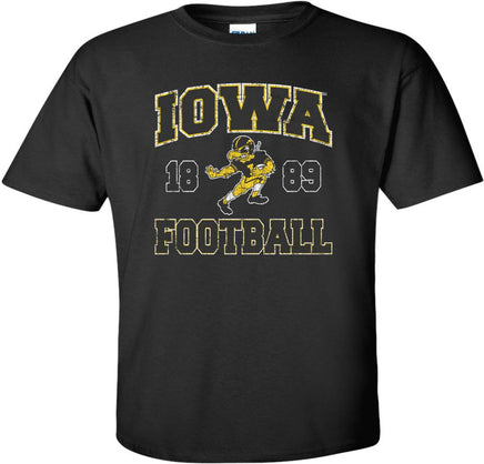 This Iowa football design features the Old School Football Herky running for a touchdown! Printed on a pre-shrunk, 100% cotton black t-shirt with white, gold and black ink. All of our Iowa Hawkeye designs are Officially Licensed and approved by the University of Iowa.