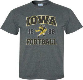 This Iowa football design features the Old School Football Herky running for a touchdown! The perfect shirt to wear to Kinnick Stadium! Printed on a pre-shrunk, 50/50 cotton/poly dark gray t-shirt t-shirt with white, gold and black ink. All of our Iowa Hawkeye designs are Officially Licensed and approved by the University of Iowa.