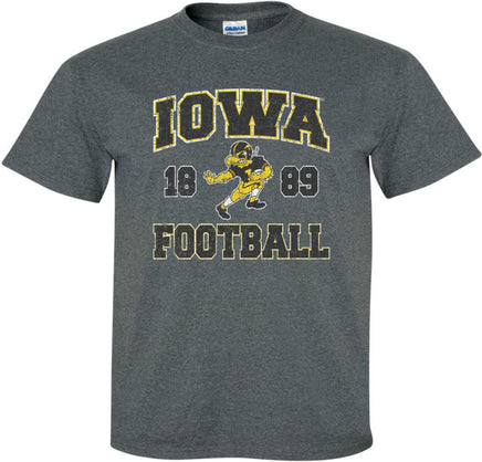 This Iowa football design features the Old School Football Herky running for a touchdown! The perfect shirt to wear to Kinnick Stadium! Printed on a pre-shrunk, 50/50 cotton/poly dark gray t-shirt t-shirt with white, gold and black ink. All of our Iowa Hawkeye designs are Officially Licensed and approved by the University of Iowa.