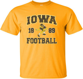 This Iowa football design features the Old School Football Herky running for a touchdown! The perfect shirt to wear to Kinnick Stadium! Printed on a pre-shrunk, 100% cotton gold youth t-shirt with white, gold and black ink. All of our Iowa Hawkeye designs are Officially Licensed and approved by the University of Iowa.