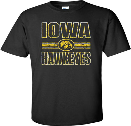 This design has Iowa Hawkeyes, a Tigerhawk and the same stripes that are on the Iowa Hawkeye football team uniforms. Printed on a pre-shrunk, 100% cotton black t-shirt with white, gold and black ink. All of our Iowa Hawkeye designs are Officially Licensed and approved by the University of Iowa.