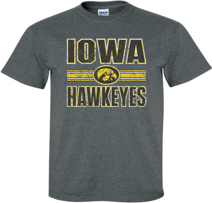 This design has Iowa Hawkeyes, a Tigerhawk and the same stripes that are on the Iowa Hawkeye football team uniforms. Printed on a pre-shrunk, 50/50 cotton/poly dark gray t-shirt with white, gold and black ink. All of our Iowa Hawkeye designs are Officially Licensed and approved by the University of Iowa.