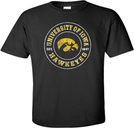 This design has University of Iowa Hawkeyes circled around the Tigerhawk and Est. 1847, the year the University of Iowa was founded. Printed on a pre-shrunk, 100% cotton black t-shirt with white and gold ink. All of our Iowa Hawkeye designs are Officially Licensed and approved by the University of Iowa.