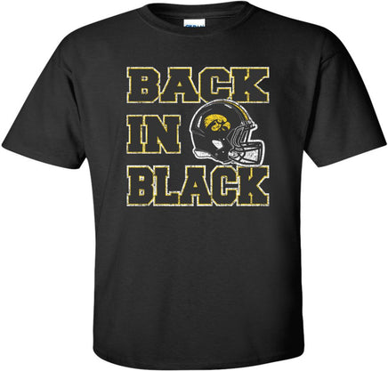 When Back in Black is playing on the speakers...it's time for Hawkeye football! This design has Back in Black and the Iowa Hawkeye football helmet. The perfect shirt to wear to Kinnick Stadium! Printed on a pre-shrunk, 100% cotton black t-shirt with white, gold and black ink. All of our Iowa Hawkeye designs are Officially Licensed and approved by the University of Iowa.