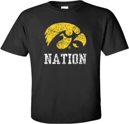 Hawkeye Nation! This design features a big Tigerhawk above Nation. Printed on a pre-shrunk, 100% cotton black t-shirt with white and gold ink. All of our Iowa Hawkeye designs are Officially Licensed and approved by the University of Iowa.