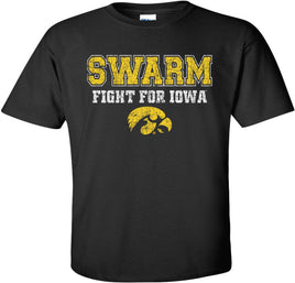 The Hawkeyes are ready to Swarm! Let's Fight For Iowa! This design has Swarm and Fight For Iowa with a Tigerhawk. The perfect shirt to cheer on the Iowa Hawkeyes! Printed on a pre-shrunk, 100% cotton black t-shirt with white and Gold ink. All of our Iowa Hawkeye designs are Officially Licensed and approved by the University of Iowa.