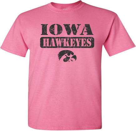 Whether you are going to Kinnick Stadium, Carver-Hawkeye Arena, or just out and about, this is a great shirt to show off your Hawkeye Pride. The design has Iowa Hawkeyes in a stencil font and a Tigerhawk. Printed on a pre-shrunk, 100% cotton azalea pink t-shirt with black ink. All of our Iowa Hawkeye designs are Officially Licensed and approved by the University of Iowa.