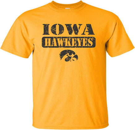 Whether you are going to Kinnick Stadium, Carver-Hawkeye Arena, or just out and about, this is a great shirt to show off your Hawkeye Pride. The design has Iowa Hawkeyes in a stencil font and a Tigerhawk. Printed on a pre-shrunk, 100% cotton gold t-shirt with black ink. All of our Iowa Hawkeye designs are Officially Licensed and approved by the University of Iowa.