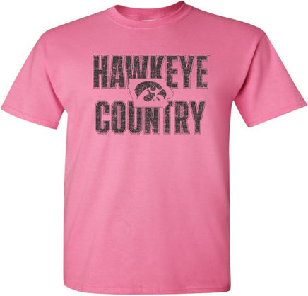 This is Hawkeye Country and we are proud of it! This design has Hawkeye Country with a Tigerhawk inside the state of Iowa. Printed on a pre-shrunk, 100% cotton azalea pink t-shirt with black ink. All of our Iowa Hawkeye designs are Officially Licensed and approved by the University of Iowa.