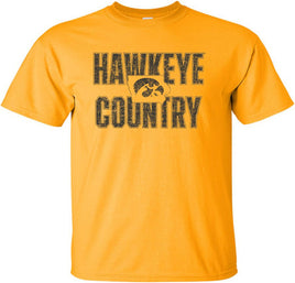 This is Hawkeye Country and we are proud of it! This design has Hawkeye Country with a Tigerhawk inside the state of Iowa. Printed on a pre-shrunk, 100% cotton gold t-shirt with black ink. All of our Iowa Hawkeye designs are Officially Licensed and approved by the University of Iowa.