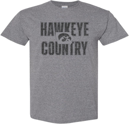 This is Hawkeye Country and we are proud of it! This design has Hawkeye Country with a Tigerhawk inside the state of Iowa. Printed on a pre-shrunk, 50/50 cotton/poly medium gray t-shirt with black ink. All of our Iowa Hawkeye designs are Officially Licensed and approved by the University of Iowa.