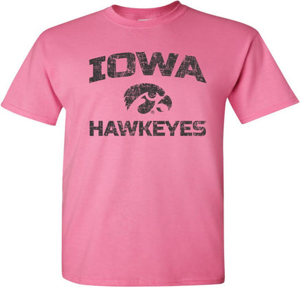 This is a great shirt to wear while cheering on the Iowa Hawkeyes at Kinnick Stadium and Carver-Hawkeye Arena. The design has an arched Iowa, Tigerhawk and Hawkeyes. Printed on a pre-shrunk, 100% cotton azalea pink t-shirt with black ink. All of our Iowa Hawkeye designs are Officially Licensed and approved by the University of Iowa.