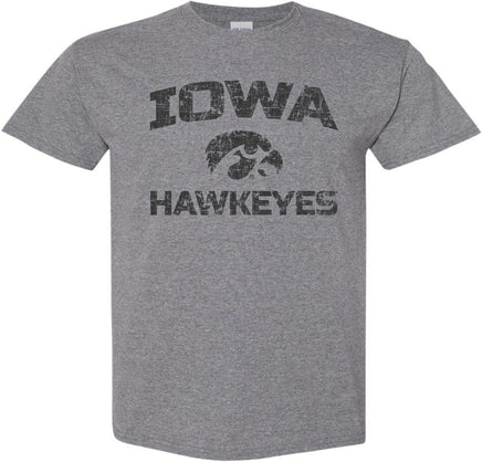 This is a great shirt to wear while cheering on the Iowa Hawkeyes at Kinnick Stadium and Carver-Hawkeye Arena. The design has an arched Iowa, Tigerhawk and Hawkeyes. Printed on a pre-shrunk, 50/50 cotton/poly medium gray t-shirt with black ink. All of our Iowa Hawkeye designs are Officially Licensed and approved by the University of Iowa.