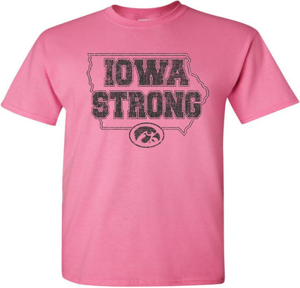 We are Iowa Strong! This design has Iowa Strong in the State of Iowa with the Tigerhawk. Printed on a pre-shrunk, 100% cotton azalea pink t-shirt with black ink. All of our Iowa Hawkeye designs are Officially Licensed and approved by the University of Iowa.