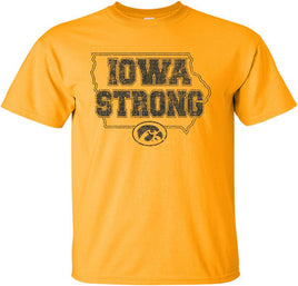 We are Iowa Strong! This design has Iowa Strong in the State of Iowa with the Tigerhawk. Printed on a pre-shrunk, 100% cotton gold t-shirt with black ink. All of our Iowa Hawkeye designs are Officially Licensed and approved by the University of Iowa.