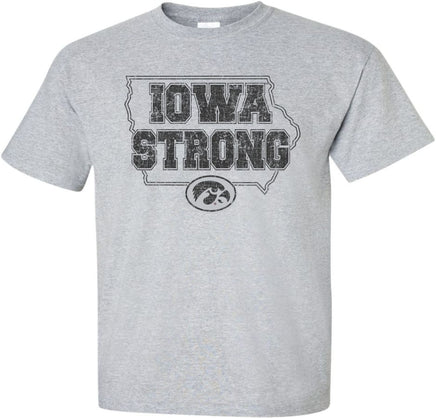 We are Iowa Strong! This design has Iowa Strong in the State of Iowa with the Tigerhawk. Printed on a pre-shrunk, 90/10 cotton/poly light gray t-shirt with black ink. All of our Iowa Hawkeye designs are Officially Licensed and approved by the University of Iowa.