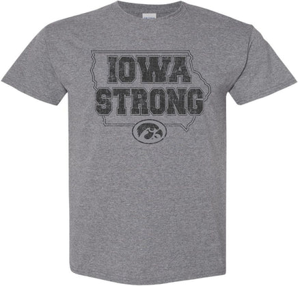 We are Iowa Strong! This design has Iowa Strong in the State of Iowa with the Tigerhawk. Printed on a pre-shrunk, 50/50 cotton/poly medium gray t-shirt with black ink. All of our Iowa Hawkeye designs are Officially Licensed and approved by the University of Iowa.