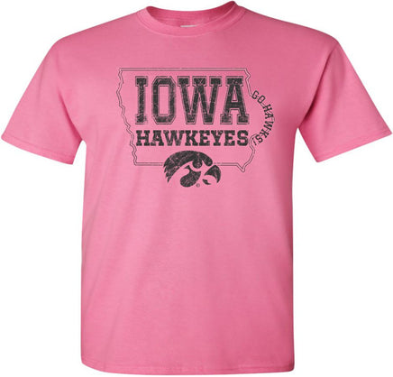 Show off your pride in the Iowa Hawkeyes and the great State of Iowa! This design has an outline of the State of Iowa, Iowa Hawkeyes, a Tigerhawk, and Go Hawks! Printed on a pre-shrunk, 100% cotton azalea pink t-shirt with black ink. All of our Iowa Hawkeye designs are Officially Licensed and approved by the University of Iowa.