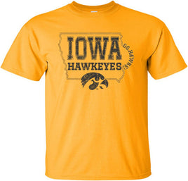 Show off your pride in the Iowa Hawkeyes and the great State of Iowa! This design has an outline of the State of Iowa, Iowa Hawkeyes, a Tigerhawk, and Go Hawks! Printed on a pre-shrunk, 100% cotton gold t-shirt with black ink. All of our Iowa Hawkeye designs are Officially Licensed and approved by the University of Iowa.