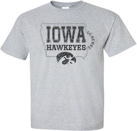 Show off your pride in the Iowa Hawkeyes and the great State of Iowa! This design has an outline of the State of Iowa, Iowa Hawkeyes, a Tigerhawk, and Go Hawks! Printed on a pre-shrunk, 90/10 cotton/poly light gray t-shirt with black ink. All of our Iowa Hawkeye designs are Officially Licensed and approved by the University of Iowa.