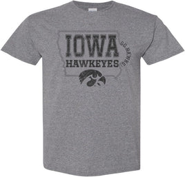 Show off your pride in the Iowa Hawkeyes and the great State of Iowa! This design has an outline of the State of Iowa, Iowa Hawkeyes, a Tigerhawk, and Go Hawks! Printed on a pre-shrunk, 50/50 cotton/poly medium gray t-shirt with black ink. All of our Iowa Hawkeye designs are Officially Licensed and approved by the University of Iowa.