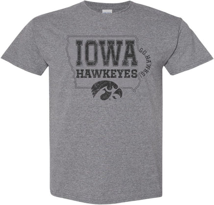 Show off your pride in the Iowa Hawkeyes and the great State of Iowa! This design has an outline of the State of Iowa, Iowa Hawkeyes, a Tigerhawk, and Go Hawks! Printed on a pre-shrunk, 50/50 cotton/poly medium gray t-shirt with black ink. All of our Iowa Hawkeye designs are Officially Licensed and approved by the University of Iowa.