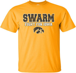 Get ready to Swarm and Fight For Iowa! This design has Swarm, Fight For Iowa and a Tigerhawk! Printed on a pre-shrunk, 100% cotton gold t-shirt with black and white ink. All of our Iowa Hawkeye designs are Officially Licensed and approved by the University of Iowa.