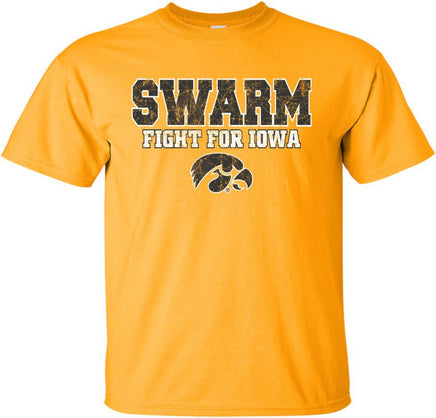 Get ready to Swarm and Fight For Iowa! This design has Swarm, Fight For Iowa and a Tigerhawk! Printed on a pre-shrunk, 100% cotton gold t-shirt with black and white ink. All of our Iowa Hawkeye designs are Officially Licensed and approved by the University of Iowa.