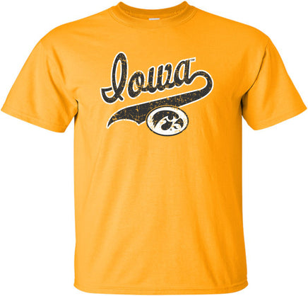 A gold short-sleeve t-shirt featuring a distressed black and white design on the front with the word 'Iowa' and the Tigerhawk logo.