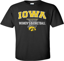 Black t-shirt with 'Iowa Women's Basketball' text and logo on a white background