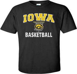Black t-shirt with 'Iowa Basketball' text and logo on a white background