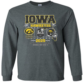 Get ready to Swarm the Tampa! Our Iowa Hawkeye football team will be taking on the Vanderbilt Commodores in the 2025 Reliaquest Bowl! The Reliaquest Bowl will be played on December 31st at Raymond James Stadium in Tampa Florida. Let's Swarm Tampa and win the Reliaquest Bowl! Go Hawks!

This Reliaquest Bowl design will be printed on a pre-shrunk, 50/50 cotton/poly dark gray long sleeve t-shirt with white, black and gold ink. All of our Iowa Hawkeye designs are Officially Licensed and approved by the Universi