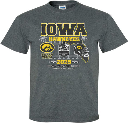 Get ready to Swarm the Tampa! Our Iowa Hawkeye football team will be taking on the Vanderbilt Commodores in the 2025 Reliaquest Bowl! The Reliaquest Bowl will be played on December 31st at Raymond James Stadium in Tampa Florida. Let's Swarm Tampa and win the Reliaquest Bowl! Go Hawks!

This Reliaquest Bowl design will be printed on a pre-shrunk, 50/50 cotton/poly dark gray t-shirt with white, black and gold ink. All of our Iowa Hawkeye designs are Officially Licensed and approved by the University of Iowa.
