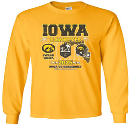 Get ready to Swarm Tampa! Our Iowa Hawkeye football team will be taking on the Vanderbilt Commodores in the 2025 Reliaquest Bowl! The Reliaquest Bowl will be played on December 31st at Raymond James Stadium in Tampa Florida. Let's Swarm Tampa and win the Reliaquest Bowl! Go Hawks!

This Reliaquest Bowl design will be printed on a pre-shrunk, 100% cotton gold long sleeve t-shirt with white, black and gold ink. All of our Iowa Hawkeye designs are Officially Licensed and approved by the University of Iowa.