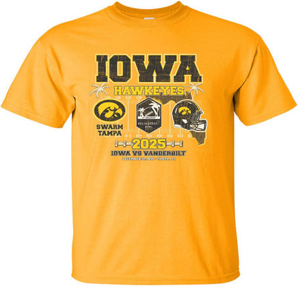 Get ready to Swarm the Tampa! Our Iowa Hawkeye football team will be taking on the Vanderbilt Commodores in the 2025 Reliaquest Bowl! The Reliaquest Bowl will be played on December 31st at Raymond James Stadium in Tampa Florida. Let's Swarm Tampa and win the Reliaquest Bowl! Go Hawks!

This Reliaquest Bowl design will be printed on a pre-shrunk, 100% cotton gold t-shirt with white, black and gold ink. All of our Iowa Hawkeye designs are Officially Licensed and approved by the University of Iowa.