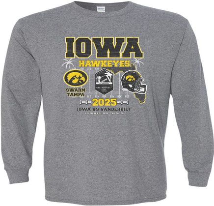 Get ready to Swarm the Tampa! Our Iowa Hawkeye football team will be taking on the Vanderbilt Commodores in the 2025 Reliaquest Bowl! The Reliaquest Bowl will be played on December 31st at Raymond James Stadium in Tampa Florida. Let's Swarm Tampa and win the Reliaquest Bowl! Go Hawks!

This Reliaquest Bowl design will be printed on a pre-shrunk, 50/50 cotton/poly medium gray long sleeve t-shirt with white, black and gold ink. All of our Iowa Hawkeye designs are Officially Licensed and approved by the Univer