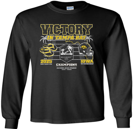 Victory in Tampa Bay! Our Iowa Hawkeye football team swarmed to victory to beat Vanderbilt in the 2025 Reliaquest Bowl!

This Reliaquest Bowl Championship design will be printed on a pre-shrunk, 100% cotton black long sleeve t-shirt with white, black and gold ink. All of our Iowa Hawkeye designs are Officially Licensed and approved by the University of Iowa.