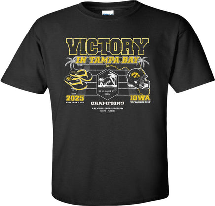 Victory in Tampa Bay! Our Iowa Hawkeye football team swarmed to victory to beat Vanderbilt in the 2025 Reliaquest Bowl!

This Reliaquest Bowl Championship design will be printed on a pre-shrunk, 100% cotton black youth t-shirt with white, black and gold ink. All of our Iowa Hawkeye designs are Officially Licensed and approved by the University of Iowa.