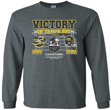 Victory in Tampa Bay! Our Iowa Hawkeye football team swarmed to victory to beat Vanderbilt in the 2025 Reliaquest Bowl!

This Reliaquest Bowl Championship design will be printed on a pre-shrunk, 50/50 cotton/poly dark gray long sleeve t-shirt with white, black and gold ink. All of our Iowa Hawkeye designs are Officially Licensed and approved by the University of Iowa.