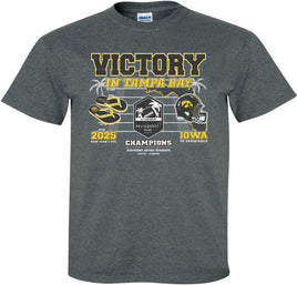 Victory in Tampa Bay! Our Iowa Hawkeye football team swarmed to victory to beat Vanderbilt in the 2025 Reliaquest Bowl! 

This Reliaquest Bowl Championship design will be printed on a pre-shrunk, 50/50 cotton/poly dark gray t-shirt with white, black and gold ink. All of our Iowa Hawkeye designs are Officially Licensed and approved by the University of Iowa.