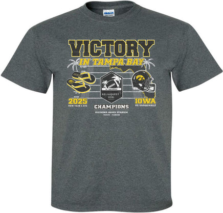 Victory in Tampa Bay! Our Iowa Hawkeye football team swarmed to victory to beat Vanderbilt in the 2025 Reliaquest Bowl! 

This Reliaquest Bowl Championship design will be printed on a pre-shrunk, 50/50 cotton/poly dark gray youth t-shirt with white, black and gold ink. All of our Iowa Hawkeye designs are Officially Licensed and approved by the University of Iowa.