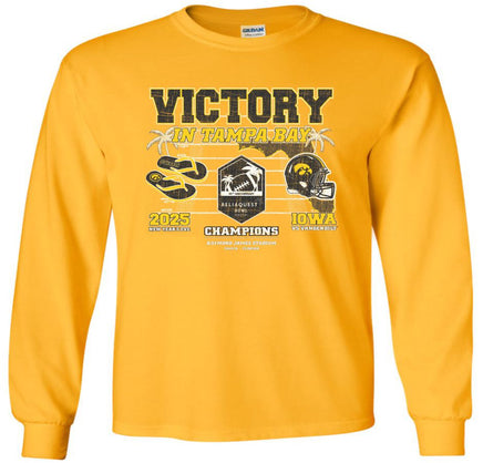 Victory in Tampa Bay! Our Iowa Hawkeye football team swarmed to victory to beat Vanderbilt in the 2025 Reliaquest Bowl!

This Reliaquest Bowl Championship design will be printed on a pre-shrunk, 100% cotton gold long sleeve t-shirt with white, black and gold ink. All of our Iowa Hawkeye designs are Officially Licensed and approved by the University of Iowa.