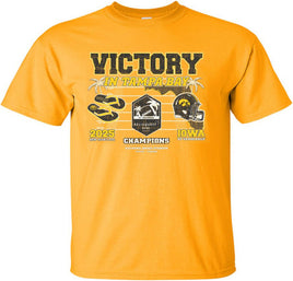 Victory in Tampa Bay! Our Iowa Hawkeye football team swarmed to victory to beat Vanderbilt in the 2025 Reliaquest Bowl!

This Reliaquest Bowl Championship design will be printed on a pre-shrunk, 100% cotton gold youth t-shirt with white, black and gold ink. All of our Iowa Hawkeye designs are Officially Licensed and approved by the University of Iowa.